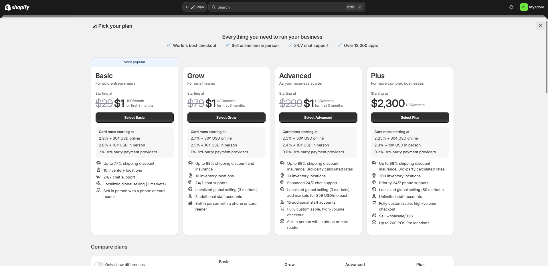 Shopify Plan Selection