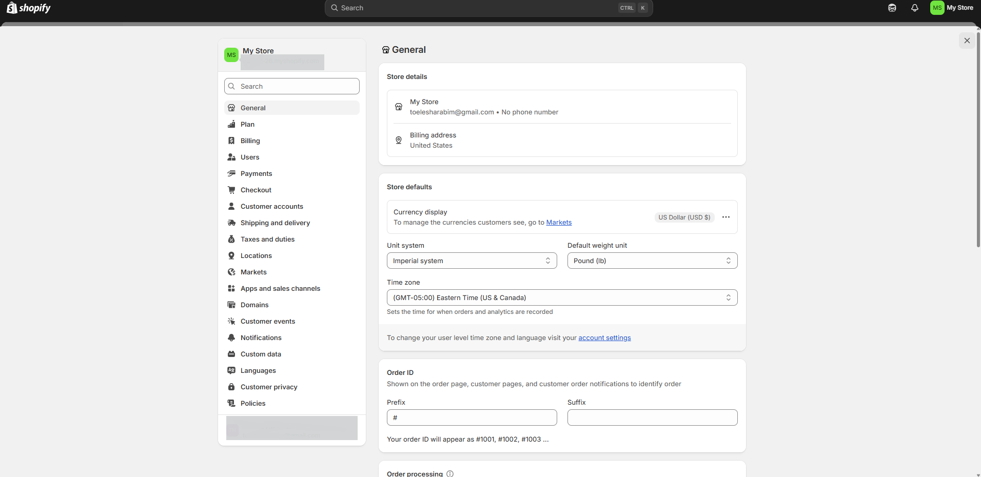 Shopify store settings page