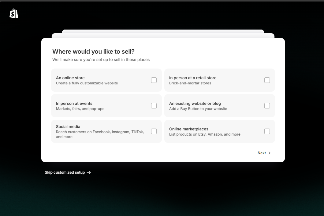 Shopify setup page