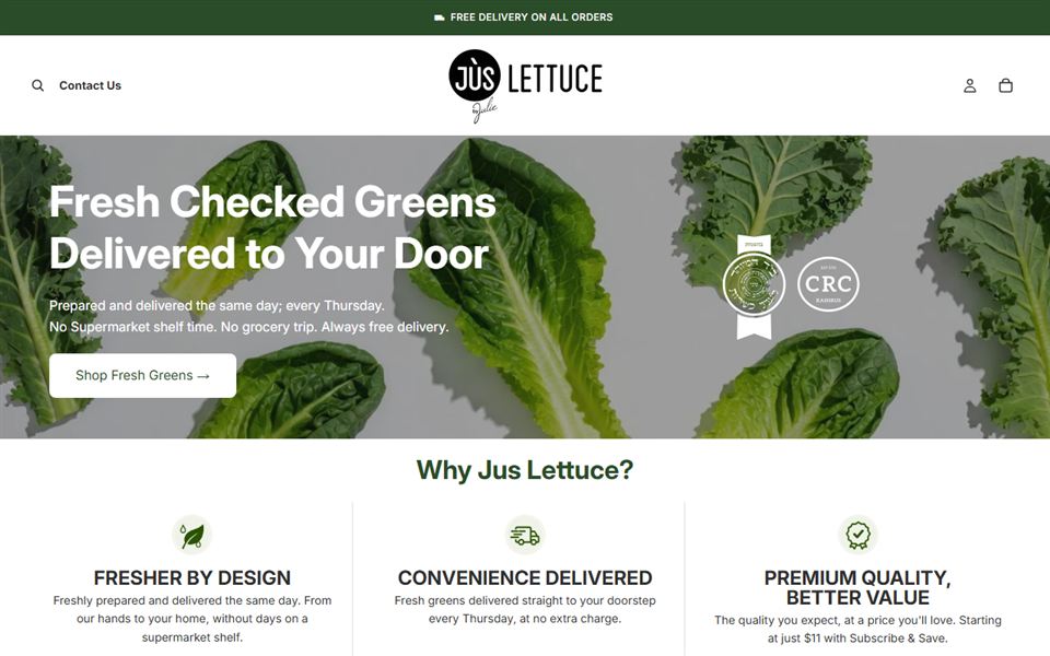 Jus Lettuce homepage: Fresh checked greens delivered to your door.