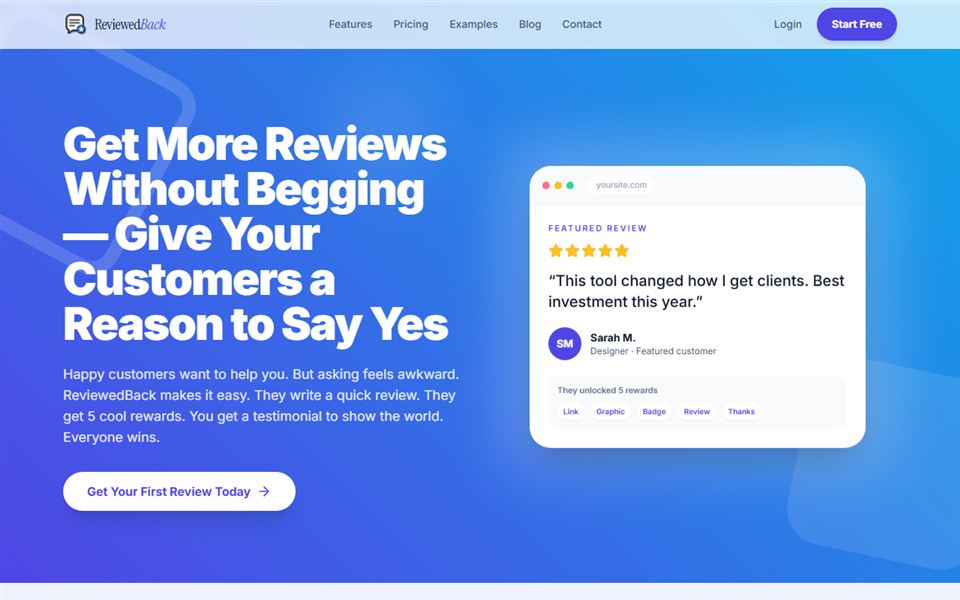 ReviewedBack homepage: Get more reviews without begging.